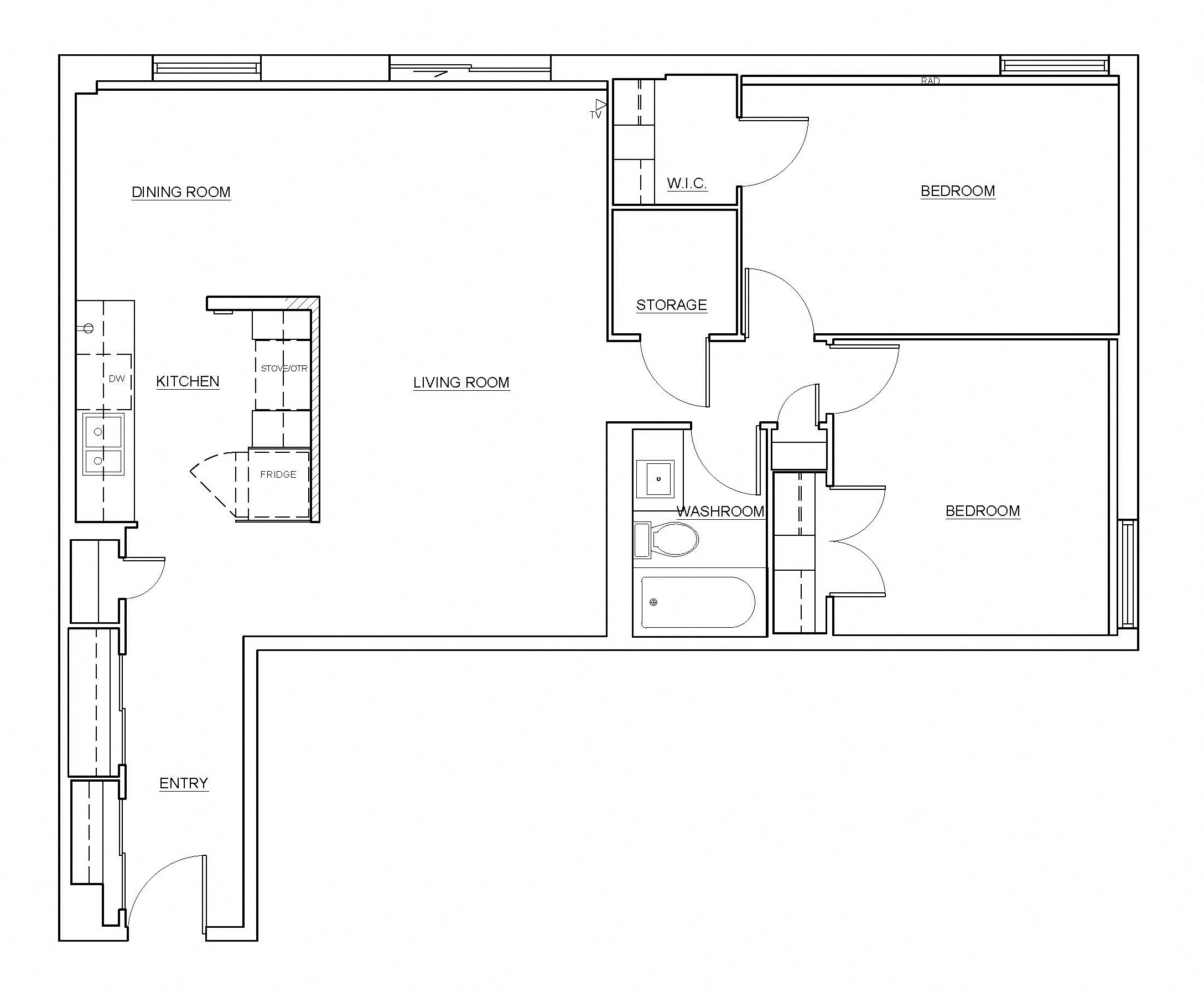 Floor plan for 2 beds, 1 bath